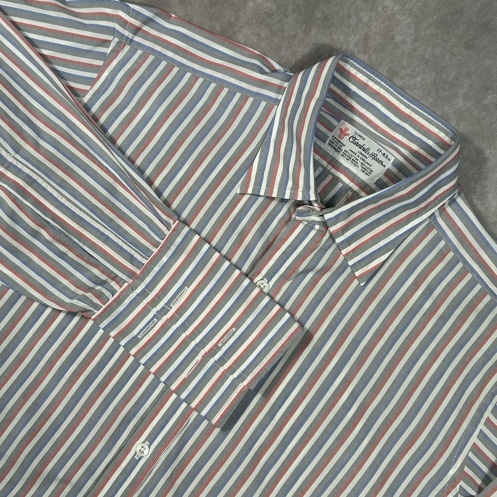 Turnbull & Asser England Mens Button Up Shirt 17-43 Red Blue Striped French Cuff